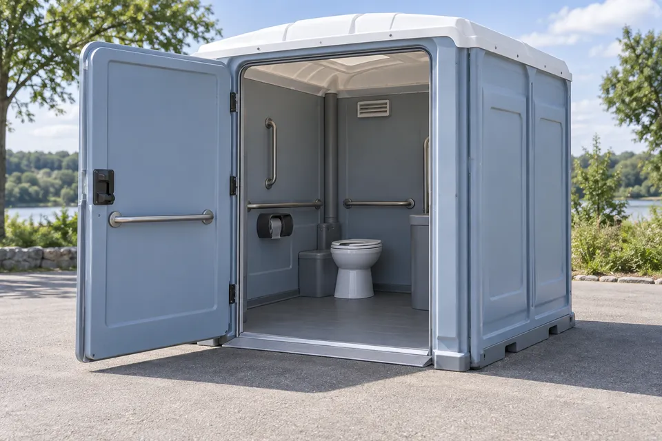 Accessible portable restroom and its wider entry