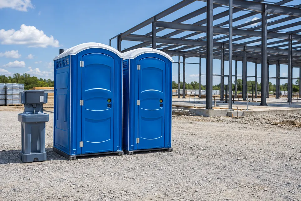 Portable toilets and handwashing beside a construction site