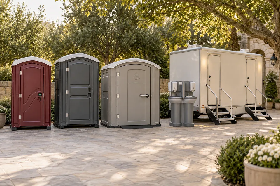 Standard, deluxe and accessible portable toilets, handwashing station and restroom trailer